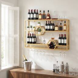Costway 120 CM Modern Floating Bar Shelves Decorative Bottle Display Storage in Gold - thumbnail 3
