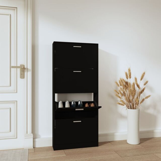Berkfield Home Shoe Cabinet Black 59x17x150 cm Engineered Wood - Size: 59 x 17 x 150 cm - image 1