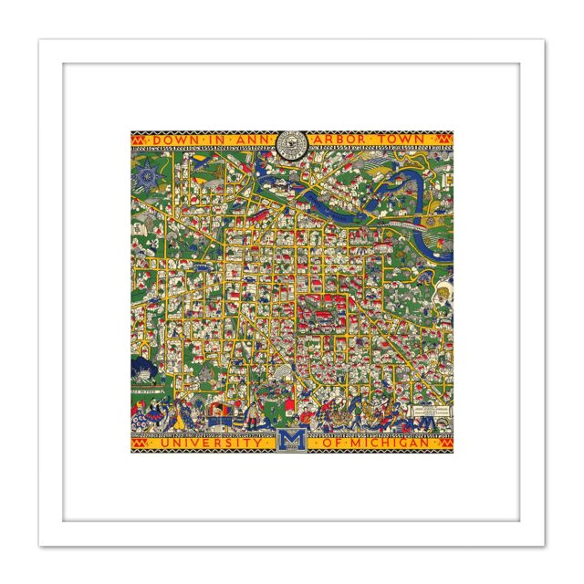 Artery8 Map Koessler 1926 University Michigan Pictorial 8X8 Inch Square Wooden Framed Wall Art Print Picture with Mount in White - image 1