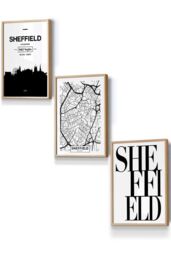 ARTZE SHEFFIELD Skyline Street Map City Prints Framed Wall Art - Small in Light Oak - Size: W33 cm x H45 cm x D20mm