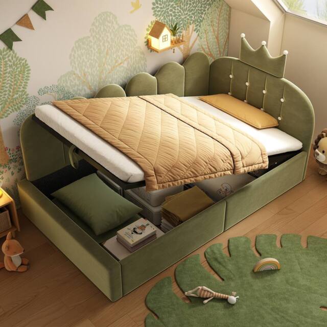 STILVORA 3ft Single Daybed with Hydraulic Storage in Green Velvet - image 1