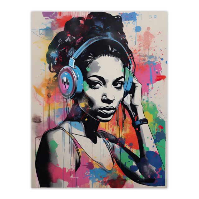 "Artery8 Wall Art Print Woman Wearing Headphones Splat Art Colourful Painting Wall Mural Detail Baltimore Club Music Poster - Size: W18"" x H24""" - image 1
