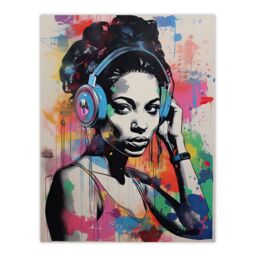 "Artery8 Wall Art Print Woman Wearing Headphones Splat Art Colourful Painting Wall Mural Detail Baltimore Club Music Poster - Size: W18"" x H24""" - thumbnail 1