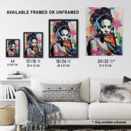 "Artery8 Wall Art Print Woman Wearing Headphones Splat Art Colourful Painting Wall Mural Detail Baltimore Club Music Poster - Size: W18"" x H24""" - thumbnail 3