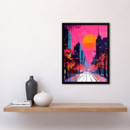 Artery8 City Street Autumn Pink Sunset Sky Cityscape Framed Art Print - Size: A4 - thumbnail 4
