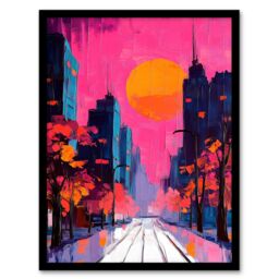 Artery8 City Street Autumn Pink Sunset Sky Cityscape Framed Art Print - Size: A4 - thumbnail 1