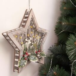 Shatchi B/O LED Wooden Reindeer Scene - Star Shape - W38xD6xH38cm in Brown - thumbnail 4