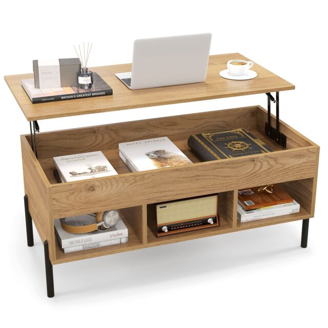 Gymax Lift Top Coffee Table Central Table With Large Compartmen Metal Legs in Khaki - image 1