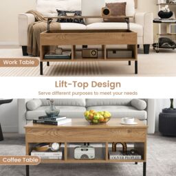 Gymax Lift Top Coffee Table Central Table With Large Compartmen Metal Legs in Khaki - thumbnail 5