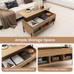 Gymax Lift Top Coffee Table Central Table With Large Compartmen Metal Legs in Khaki - thumbnail 2