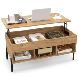Gymax Lift Top Coffee Table Central Table With Large Compartmen Metal Legs in Khaki - thumbnail 1