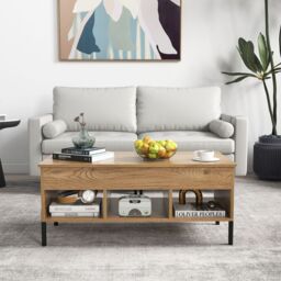 Gymax Lift Top Coffee Table Central Table With Large Compartmen Metal Legs in Khaki - thumbnail 7