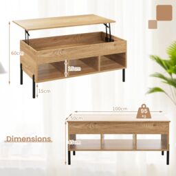 Gymax Lift Top Coffee Table Central Table With Large Compartmen Metal Legs in Khaki - thumbnail 3
