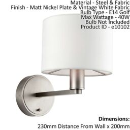 Loops Wall Light Matt Nickel Plate & Vintage White Fabric 40W E14 Dimmable in Metallics - thumbnail 2
