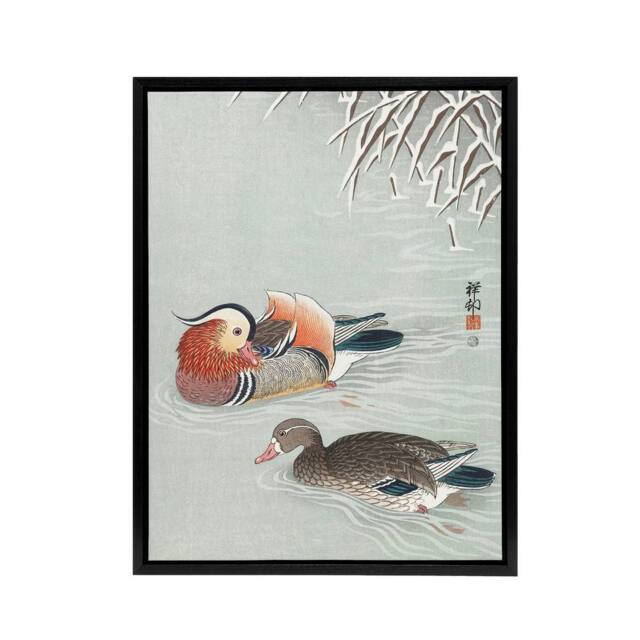 "Artery8 Two Mandarin Ducks in Snow Framed Canvas Wall Art Print Ohara Koson - Size: W12"" x H16""" - image 1