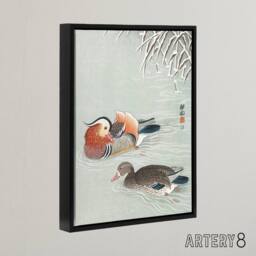 "Artery8 Two Mandarin Ducks in Snow Framed Canvas Wall Art Print Ohara Koson - Size: W12"" x H16""" - thumbnail 2
