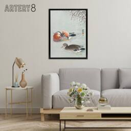 "Artery8 Two Mandarin Ducks in Snow Framed Canvas Wall Art Print Ohara Koson - Size: W12"" x H16""" - thumbnail 3