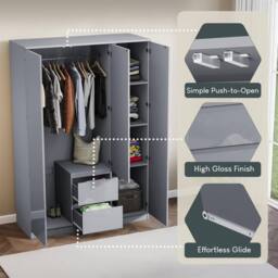 Kelvenix Grey Modern Gloss 3 Door 2 Drawer Wardrobe Storage - Size: 0.6m2 - thumbnail 4
