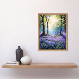 "Artery8 Wall Art Print Bluebell Forest Sunshine Vibrant Artwork Purple Blue Flowers Early Morning Serene Landscape Art Framed - Size: W12"" x H16""" - thumbnail 2
