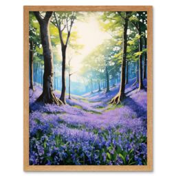 "Artery8 Wall Art Print Bluebell Forest Sunshine Vibrant Artwork Purple Blue Flowers Early Morning Serene Landscape Art Framed - Size: W12"" x H16""" - thumbnail 1