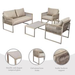 HomeTouch 4 Seater Outdoor Rope Lounge Set with Glass Coffee Table in Khaki - Size: 2 Pack - thumbnail 5
