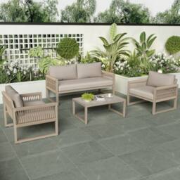 HomeTouch 4 Seater Outdoor Rope Lounge Set with Glass Coffee Table in Khaki - Size: 2 Pack - thumbnail 1