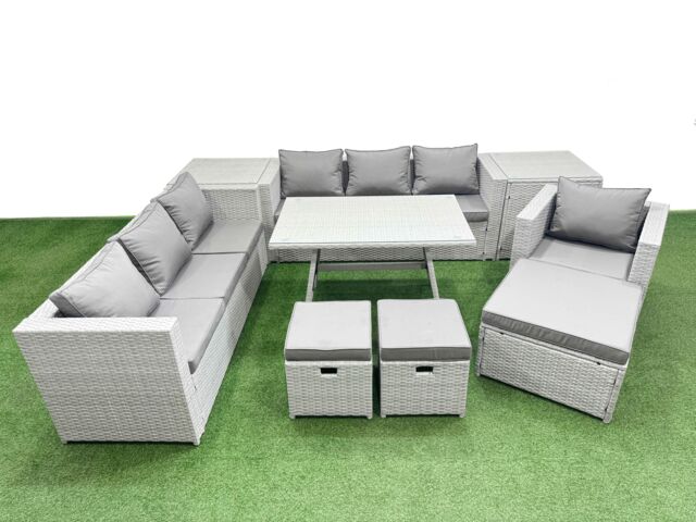 Fimous 10-seater Patio 3 Seater Sofa Armchair Set with 2 Side Tables 3 Stools in Light Grey