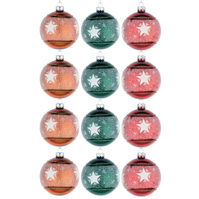 Shatchi Christmas Glass Baubles 12pcs Set - 8cm Orange, Green & Red with 3 Vibrant Designs in Orange - image 1