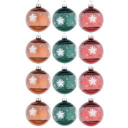 Shatchi Christmas Glass Baubles 12pcs Set - 8cm Orange, Green & Red with 3 Vibrant Designs in Orange