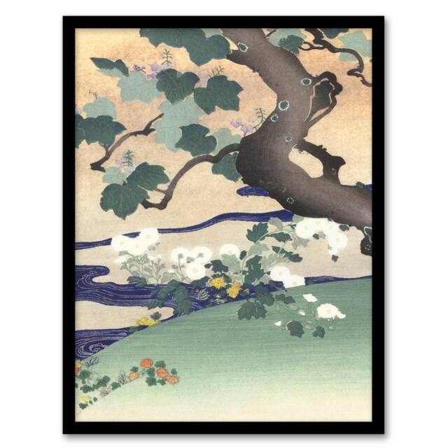 Artery8 Kogyo Tsukioka Framed Wall Art Print Tree & Chrysanthemums in Green - Size: A4 - image 1