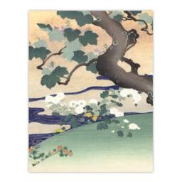 Artery8 Kogyo Tsukioka Framed Wall Art Print Tree & Chrysanthemums in Green - Size: A4 - thumbnail 3