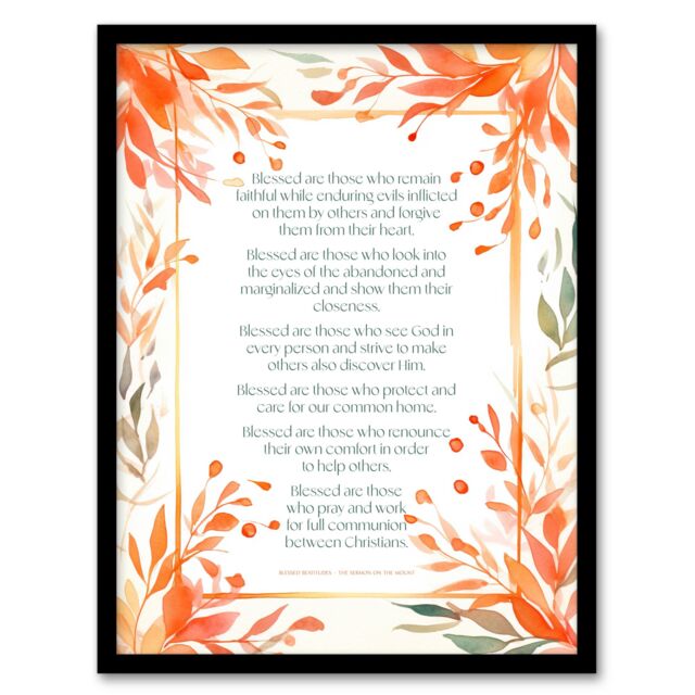Artery8 Wall Art Print Modern Blessed Beatitudes Orange Pope Francis Quote Bible Framed Art - Size: A4 - image 1