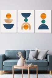 ARTZE Set of 3 White Framed Mid Century Graphical Shapes in Navy Blue Orange Wall Art - Size: W33 cm x H45 cm x D20mm - thumbnail 1