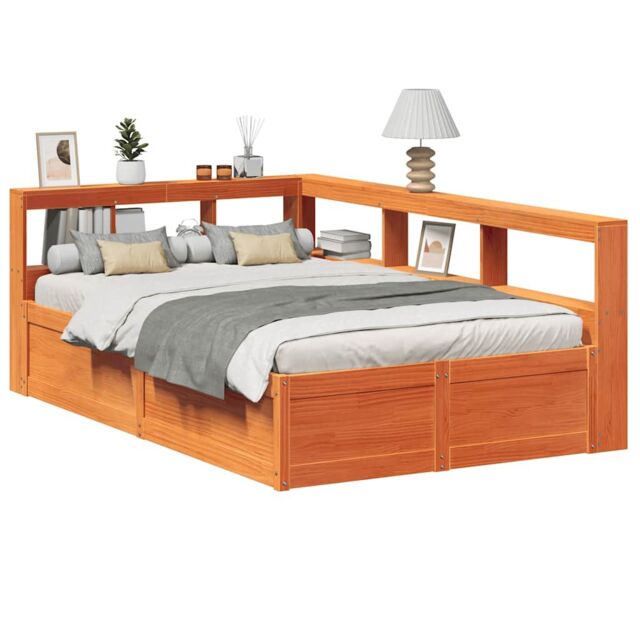 Berkfield Home Bookcase Bed without Mattress Wax Brown 140x190cm Solid Wood Pine - Size: 140x190 cm - image 1