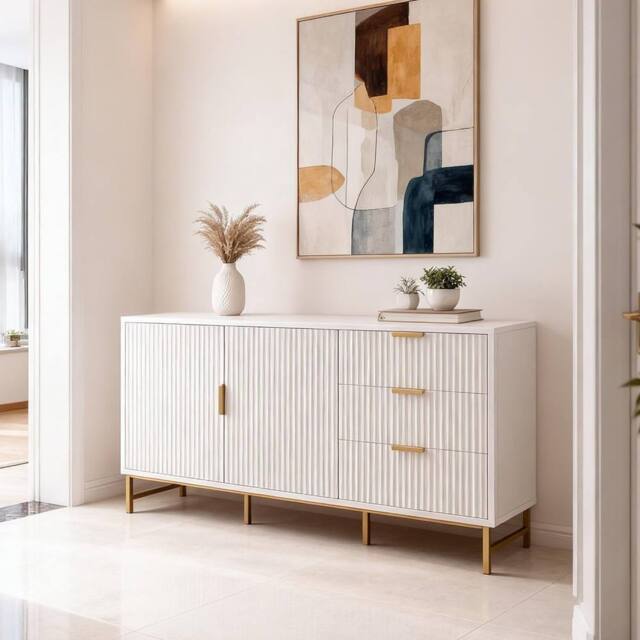 FURNITURE ONE Modern Sideboard, Storage Cabinet with 3 Drawers & 2 Doors in Natural White - Size: 1 Pack - image 1