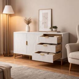 FURNITURE ONE Modern Sideboard, Storage Cabinet with 3 Drawers & 2 Doors in Natural White - Size: 1 Pack - thumbnail 4