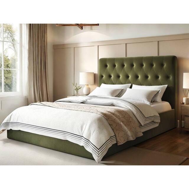 Flair Marley Buttoned Headboard Ottoman Bed Green Velvet - Size: Double - image 1