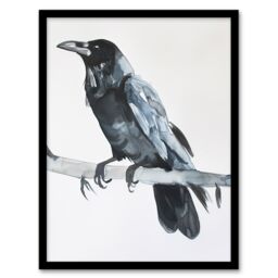 "Artery8 Raven Bird on Tree Branch Bright Watercolour Framed Wall Art in Black - Size: W12"" x H16""" - thumbnail 1