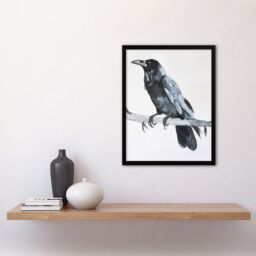 "Artery8 Raven Bird on Tree Branch Bright Watercolour Framed Wall Art in Black - Size: W12"" x H16""" - thumbnail 4