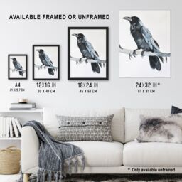 "Artery8 Raven Bird on Tree Branch Bright Watercolour Framed Wall Art in Black - Size: W12"" x H16""" - thumbnail 3