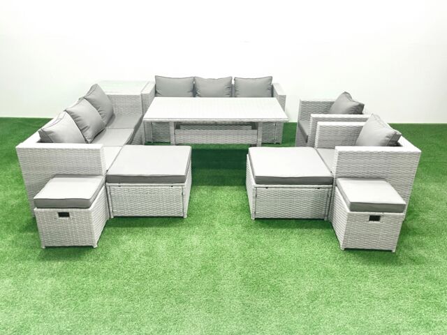 Fimous Rattan Garden Furniture Dining Set 12 Seater Lounge Sofa Chair Dining Table Set with 4 Footstools Side Table Light Grey Mixed - image 1
