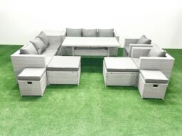 Fimous Rattan Garden Furniture Dining Set 12 Seater Lounge Sofa Chair Dining Table Set with 4 Footstools Side Table Light Grey Mixed - thumbnail 2