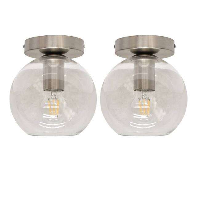 First Choice Lighting Set of 2 Barnum - Glass Globe Satin Nickel Ceiling Light Fittings in Clear