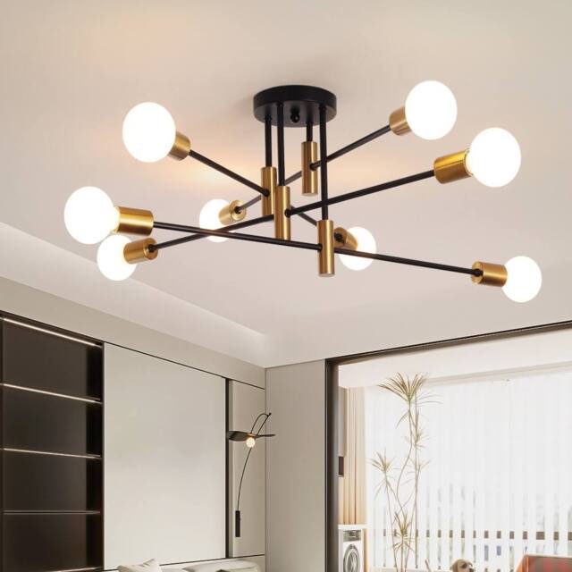 NIVOR 8-Lights Sputnik Chandelier, Black Gold Semi Flush Ceiling Light E27 in Metallic Gold - image 1