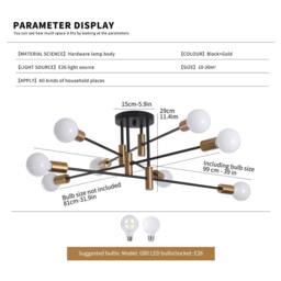 NIVOR 8-Lights Sputnik Chandelier, Black Gold Semi Flush Ceiling Light E27 in Metallic Gold - thumbnail 2