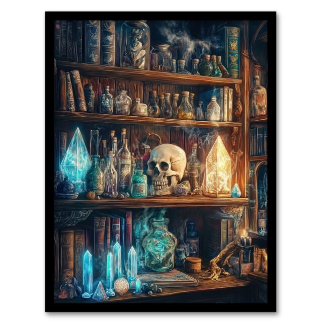 Artery8 Alchemist Bookshelf Skull Magic Crystals Potions Framed Art Print - Size: A4 - image 1