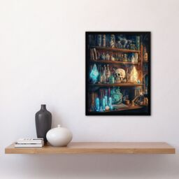 Artery8 Alchemist Bookshelf Skull Magic Crystals Potions Framed Art Print - Size: A4 - thumbnail 4
