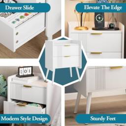 Huhote Bedside Table Cabinet Bed Side End Table with 2 Drawers Wooden Legs in White - thumbnail 6