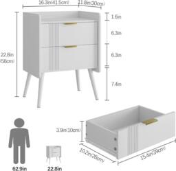 Huhote Bedside Table Cabinet Bed Side End Table with 2 Drawers Wooden Legs in White - thumbnail 8