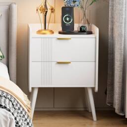 Huhote Bedside Table Cabinet Bed Side End Table with 2 Drawers Wooden Legs in White - thumbnail 1